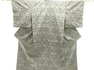 格子に華紋模様織出し十日町紬着物